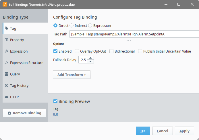 Edit Binding dialog with a Tag binding pointing to an alarm's SetpointA attribute