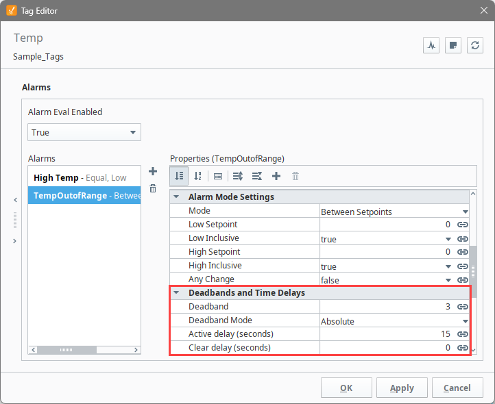 Tag Editor showing the Deadbands and Time Delays settings for a Between Setpoints alarm