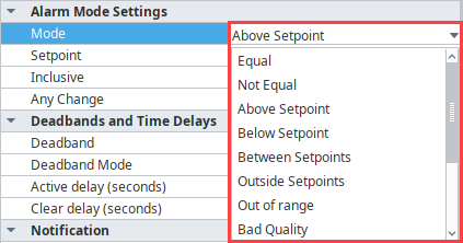 Mode dropdown showing the available alarm modes