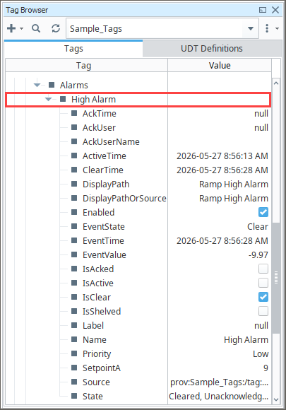 High Alarm expanded in the Tag Browser showing its runtime attributes