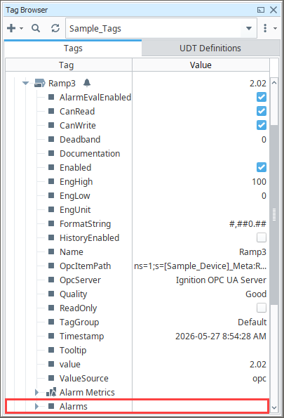 Ramp3 tag expanded in the Tag Browser with the Alarms node highlighted