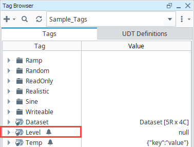 Tag Browser showing the alarm icon next to the Level tag