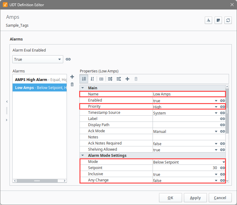 UDT Definition Editor showing the Low Amps alarm on the Amps tag
