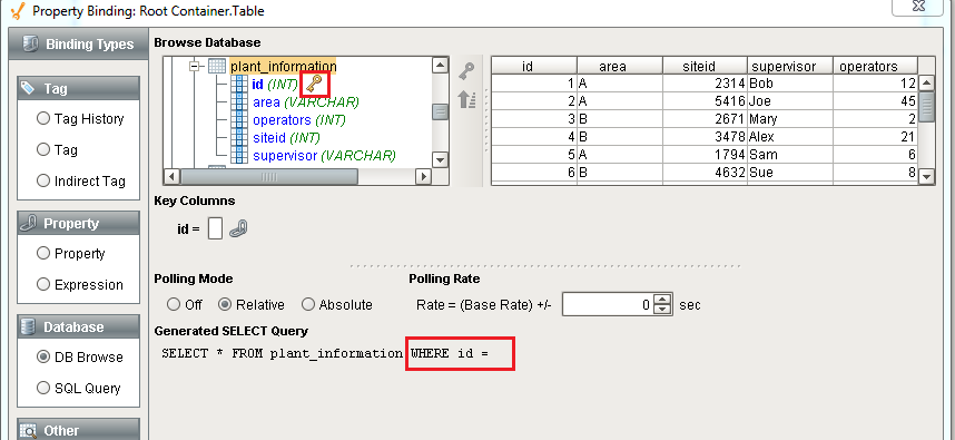 Configuring a DB Browse Binding: Key Column Step 5a