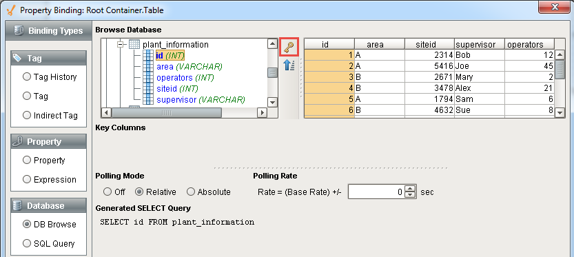 Configuring a DB Browse Binding: Key Column Step 6d