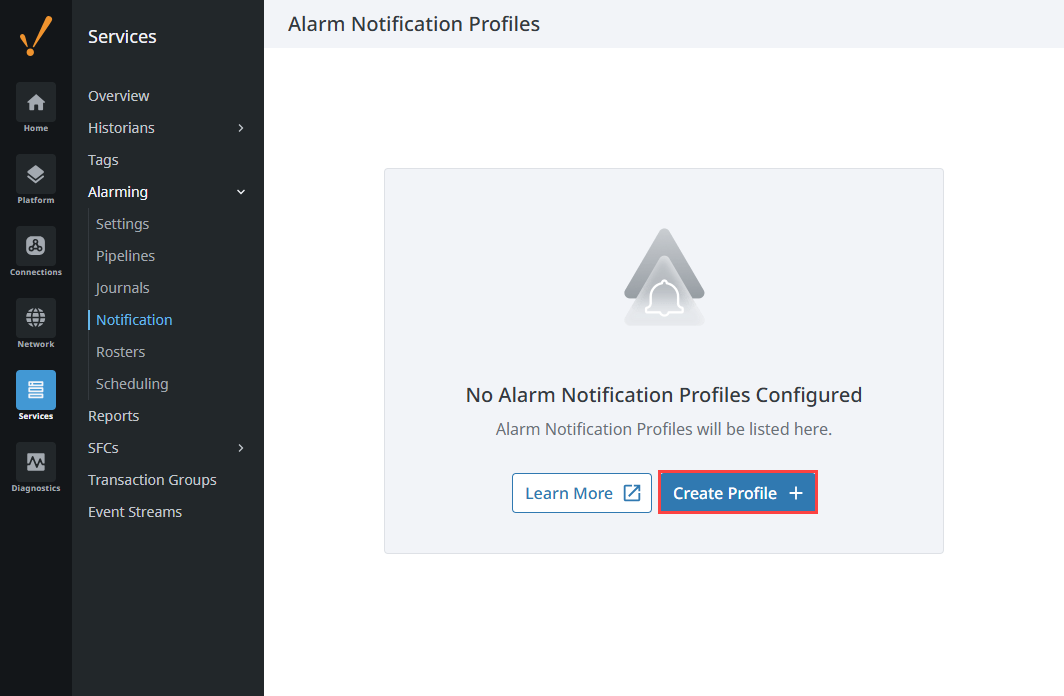Alarm Notification Profiles page with Create Profile button