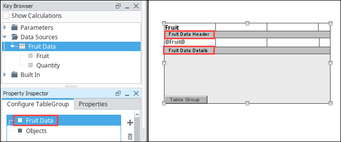 Fruit Data table configuration visible on the Design tab