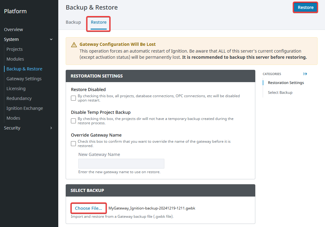 Gateway Restore Step 5