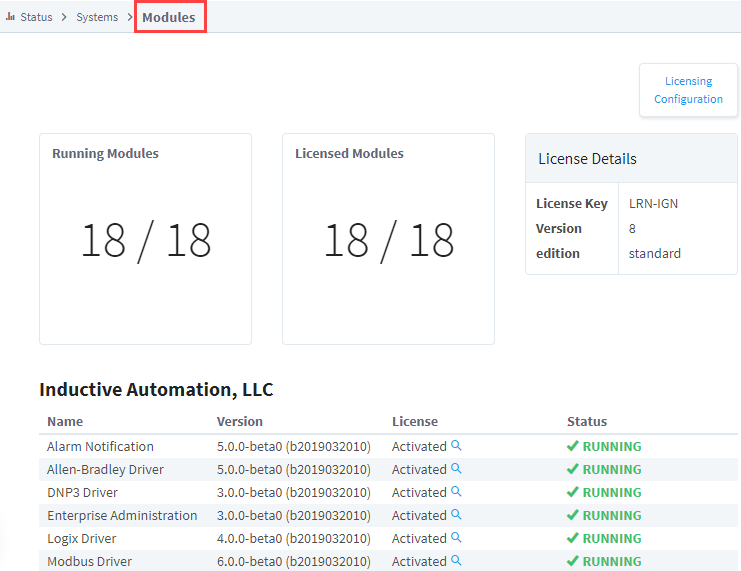 Gateway Status Page - Modules