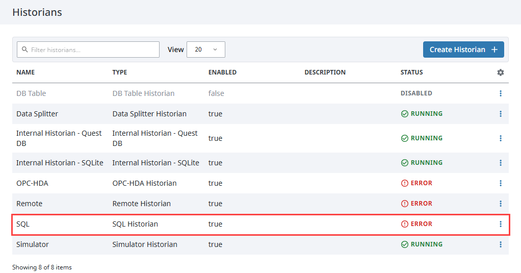 List of Historians SQL Historian Type
