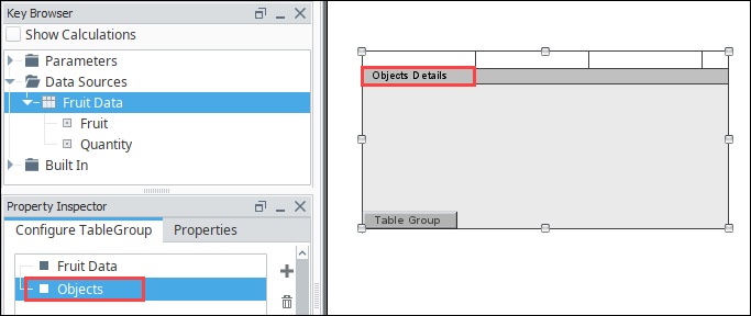 Objects table configuration visible on the Design tab