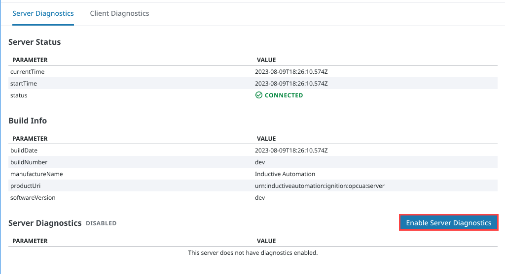 OPC Connections Page - Server