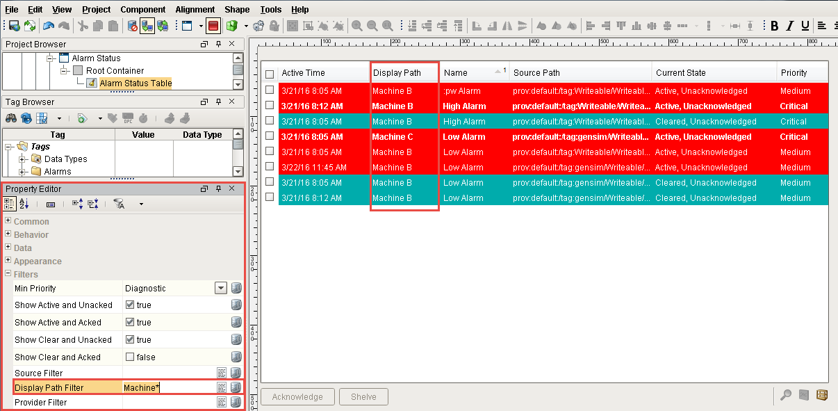 Alarm Status Table Filter Properties