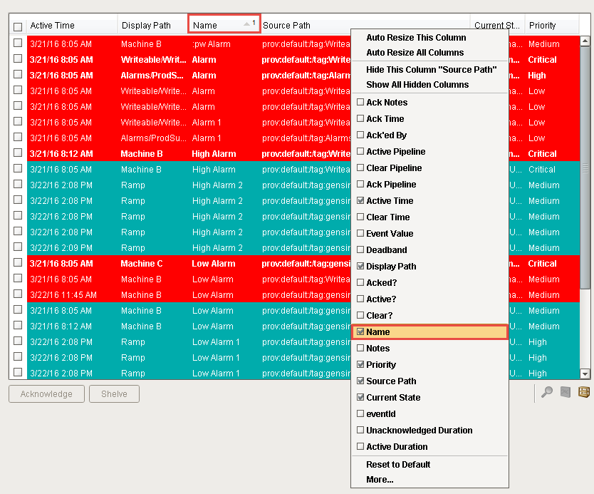 Alarm Status Table with Name Column