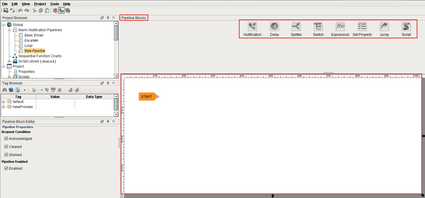 Create Simple Alarm Pipeline Step 2 with empty Designer space