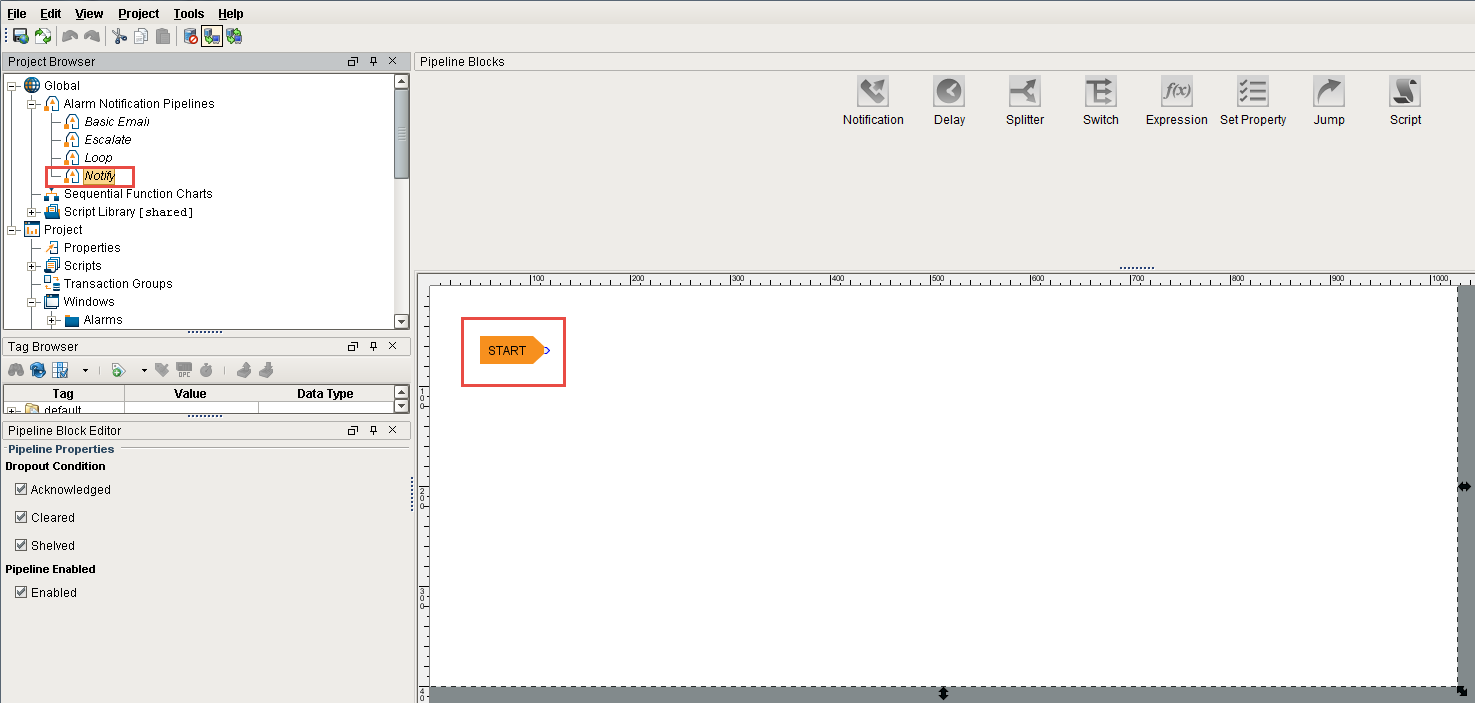 Create Simple Alarm Pipeline Step 3 with empty Designer space