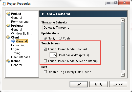 project properties touch screen mode